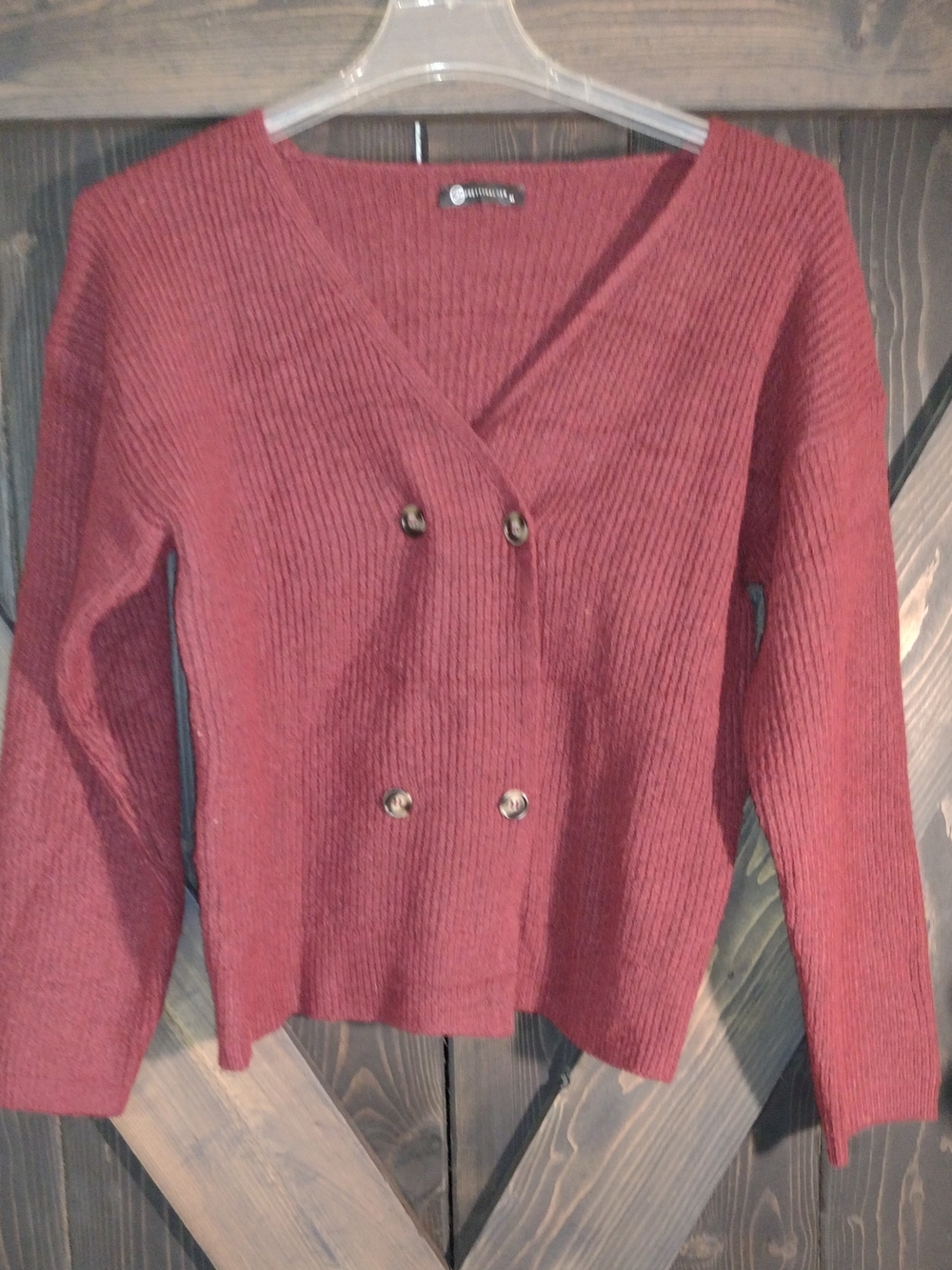 Pretty Garden Women's Double-Breasted V-Neck Ribbed Sweater - Maroon Size Medium